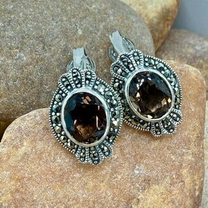 Vintage Sterling Silver Smoky Quartz Marcasite Clip On Earrings Classic Art Deco